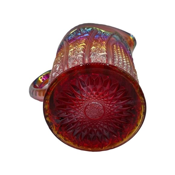 Vtg Carnival Indiana Glass Red Amberina Sunburst Iridescent Heavy Pitcher Glows - Picture 8 of 10